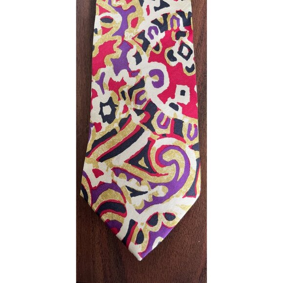 Vtg 1970's Perry Ellis Portfolio All Silk Tie Abstract Paisley Purples Red Beige - Picture 2 of 6